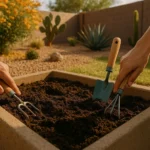 Hands prepping soil with gardening tools in Gilbert, AZ