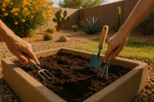 Hands prepping soil with gardening tools in Gilbert, AZ