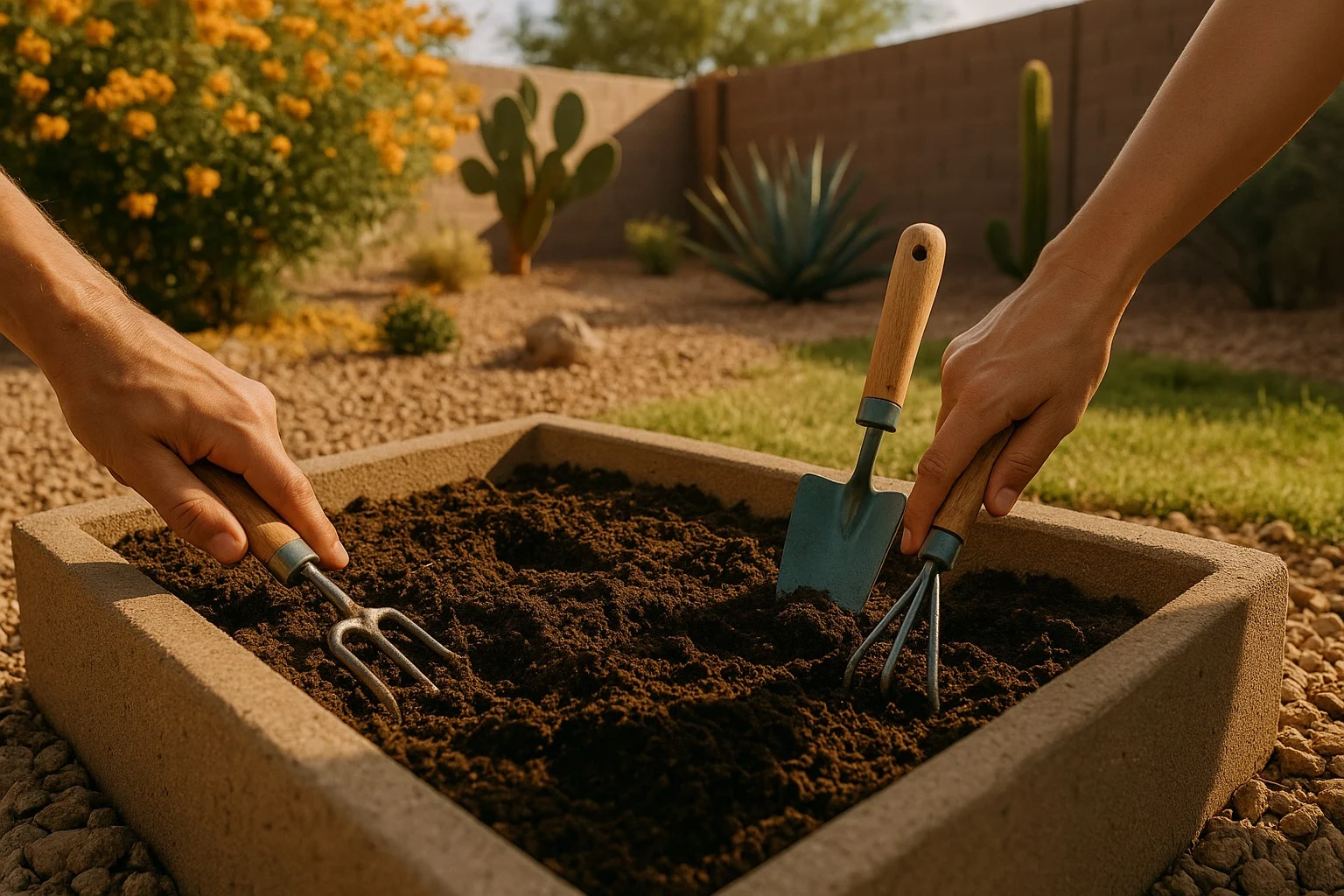 Hands prepping soil with gardening tools in Gilbert, AZ