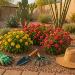 Colorful spring flowers and gardening tools in a Gilbert yard