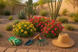 Colorful spring flowers and gardening tools in a Gilbert yard