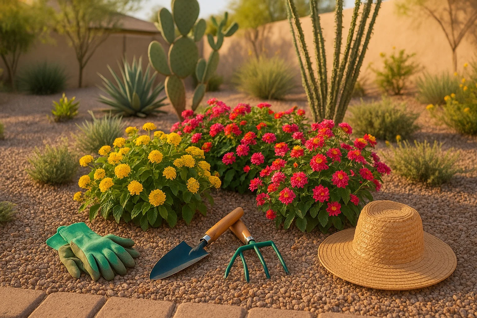 Colorful spring flowers and gardening tools in a Gilbert yard