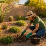 Woman in gardening gloves clearing debris from flower bed during spring cleanup in a Gilbert backyard garden
