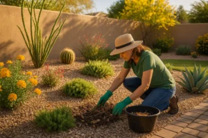 Woman in gardening gloves clearing debris from flower bed during spring cleanup in a Gilbert backyard garden