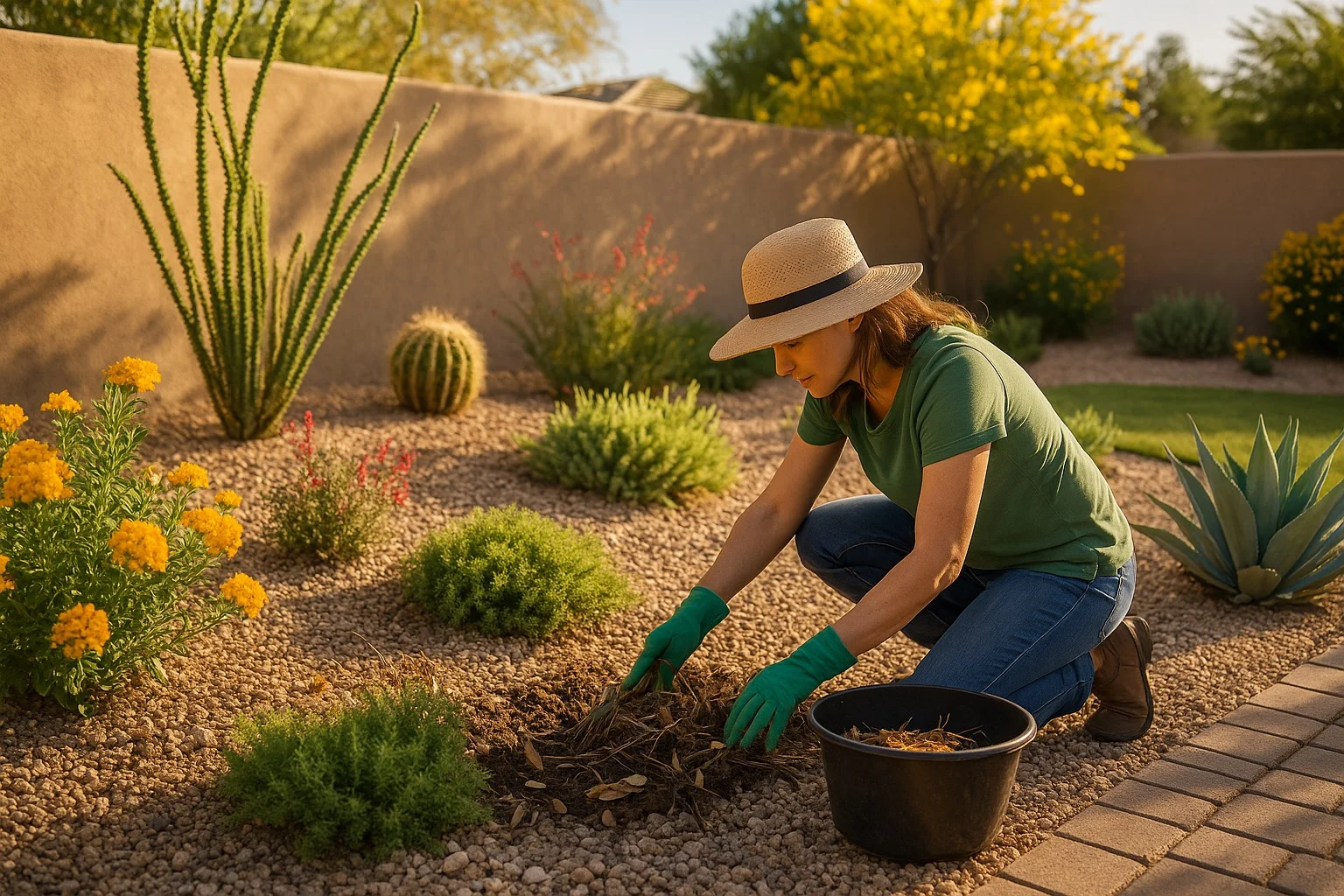 Woman in gardening gloves clearing debris from flower bed during spring cleanup in a Gilbert backyard garden