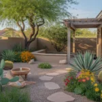 A lush spring garden in Gilbert, AZ with native desert plants and colorful blooms