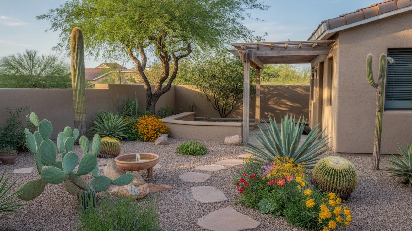 A lush spring garden in Gilbert, AZ with native desert plants and colorful blooms