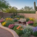 A lush, colorful spring garden in Gilbert, Arizona with blooming desert plants and a stone pathway.