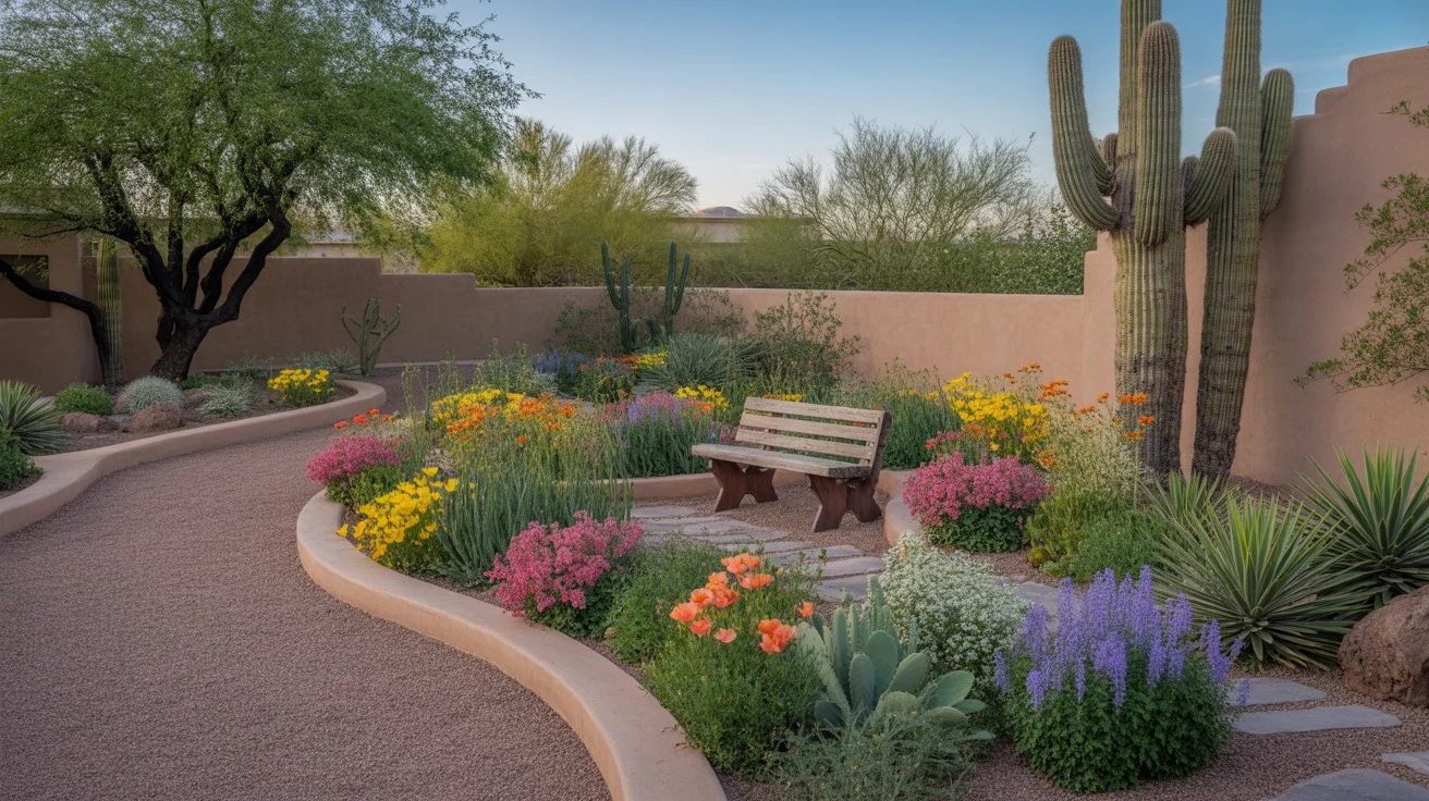 A lush, colorful spring garden in Gilbert, Arizona with blooming desert plants and a stone pathway.