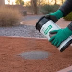 Applying granular pre-emergent weed barrier to a desert landscape in early spring