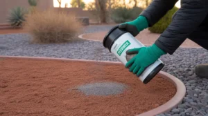 Applying granular pre-emergent weed barrier to a desert landscape in early spring