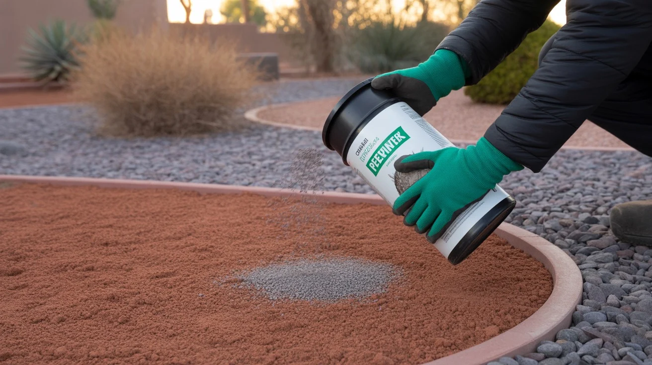 Applying granular pre-emergent weed barrier to a desert landscape in early spring