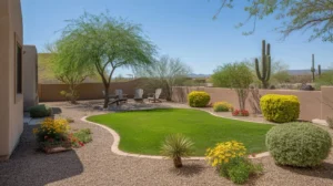 A lush green lawn and colorful flower beds in a Gilbert backyard during spring.