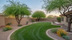 A well-maintained Gilbert yard with pruned trees and neat garden beds in spring.