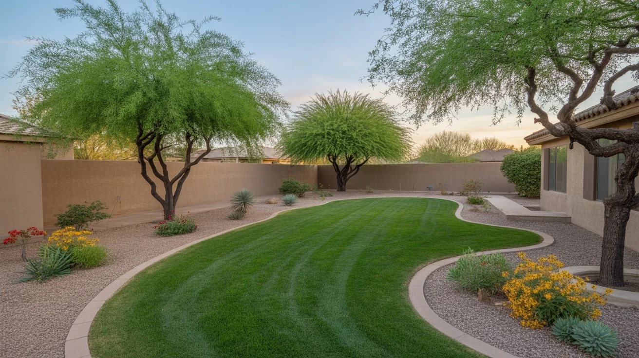 A well-maintained Gilbert yard with pruned trees and neat garden beds in spring.
