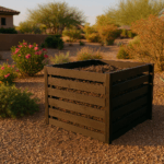 A compost bin in a vibrant Gilbert garden during summer