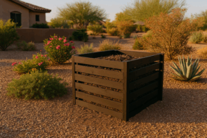 A compost bin in a vibrant Gilbert garden during summer