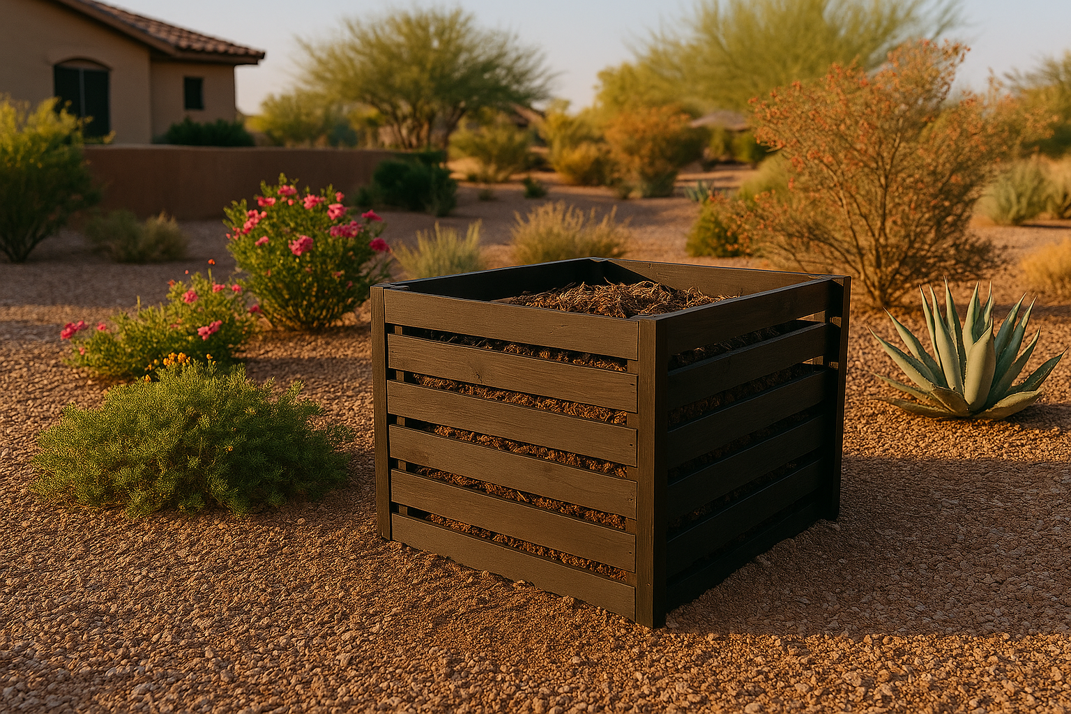 A compost bin in a vibrant Gilbert garden during summer