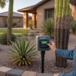 A person adjusting a smart irrigation controller in a Gilbert yard, with drought-tolerant landscaping visible.