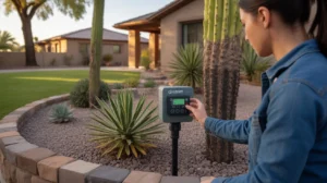 A person adjusting a smart irrigation controller in a Gilbert yard, with drought-tolerant landscaping visible.