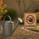 A watering can and a sign indicating watering restrictions