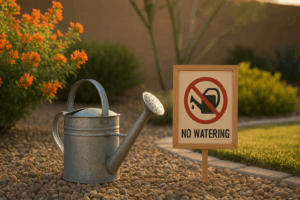 A watering can and a sign indicating watering restrictions