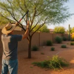 Homeowner carefully pruning a desert mesquite tree in a Gilbert backyard with proper tools and techniques
