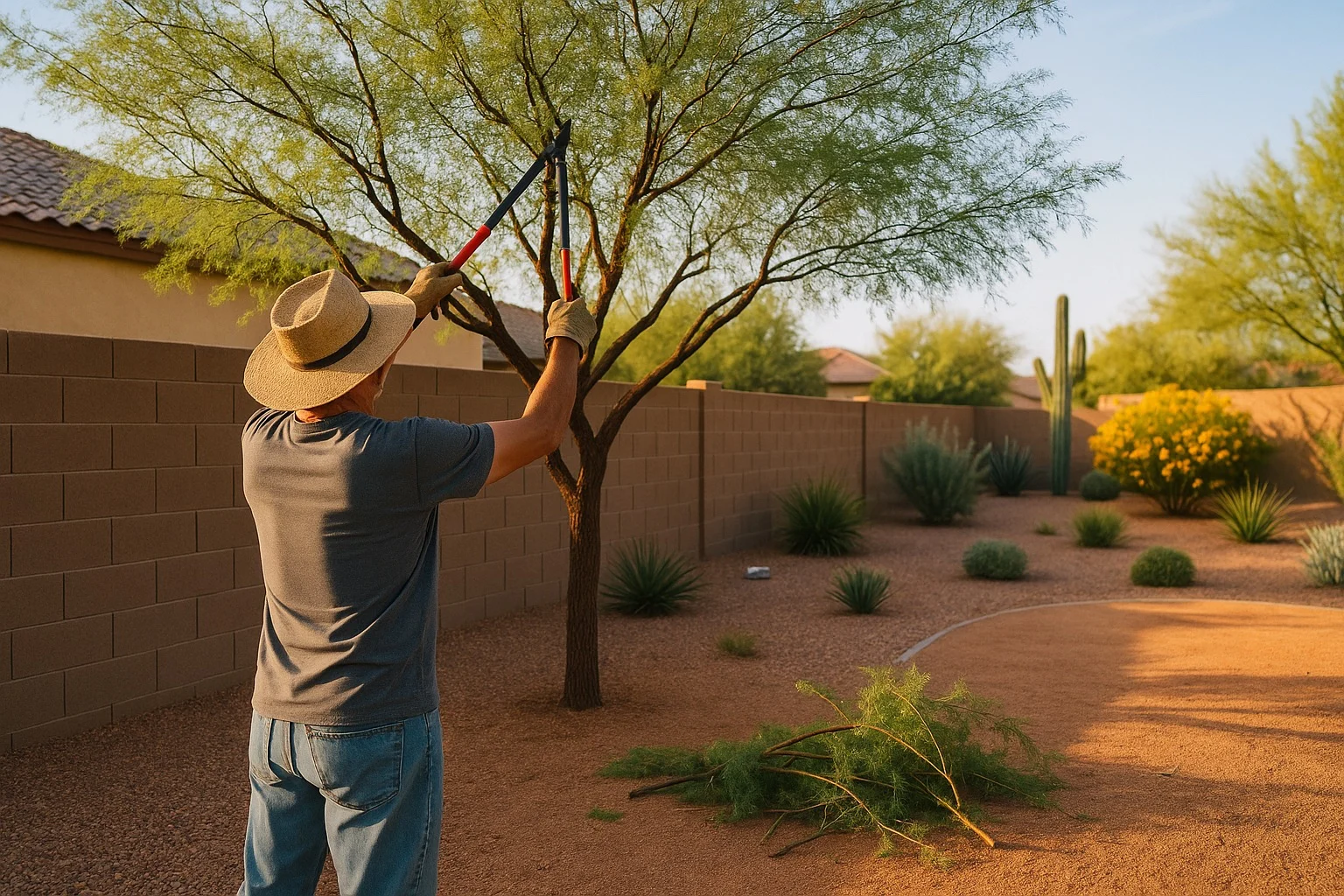 Homeowner carefully pruning a desert mesquite tree in a Gilbert backyard with proper tools and techniques