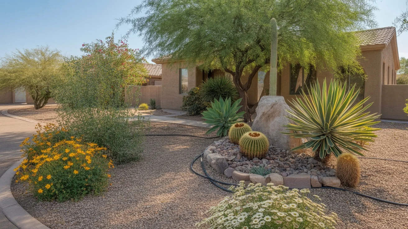 Checklist for planning and installing a xeriscape in a Gilbert yard, with native plants, permeable hardscaping and efficient irrigation