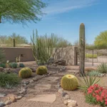 A beautifully designed xeriscape in a Gilbert backyard, featuring native desert plants, natural stone, and a meandering gravel path.