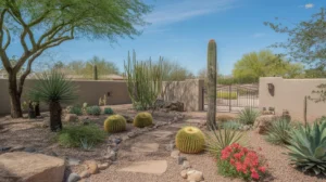A beautifully designed xeriscape in a Gilbert backyard, featuring native desert plants, natural stone, and a meandering gravel path.