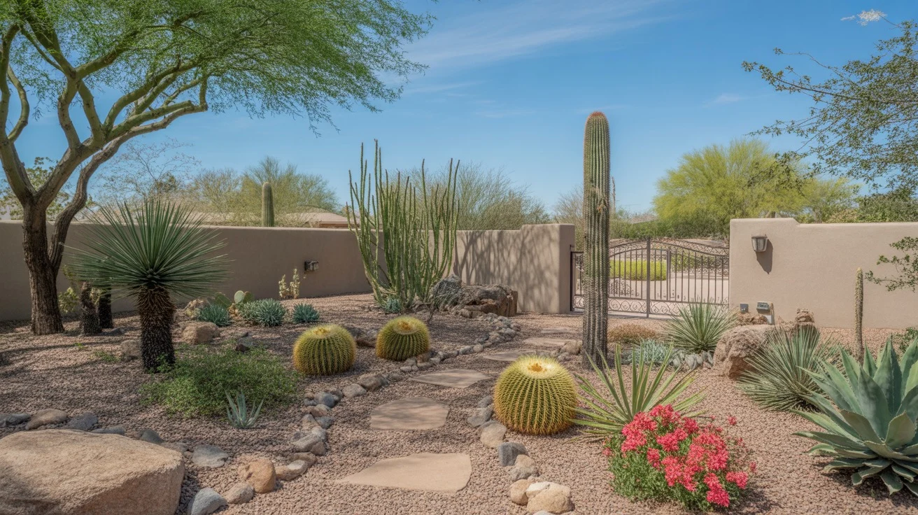 A beautifully designed xeriscape in a Gilbert backyard, featuring native desert plants, natural stone, and a meandering gravel path.