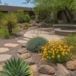 A lush xeriscape garden in Gilbert with native plants, gravel pathways, and a shaded seating area