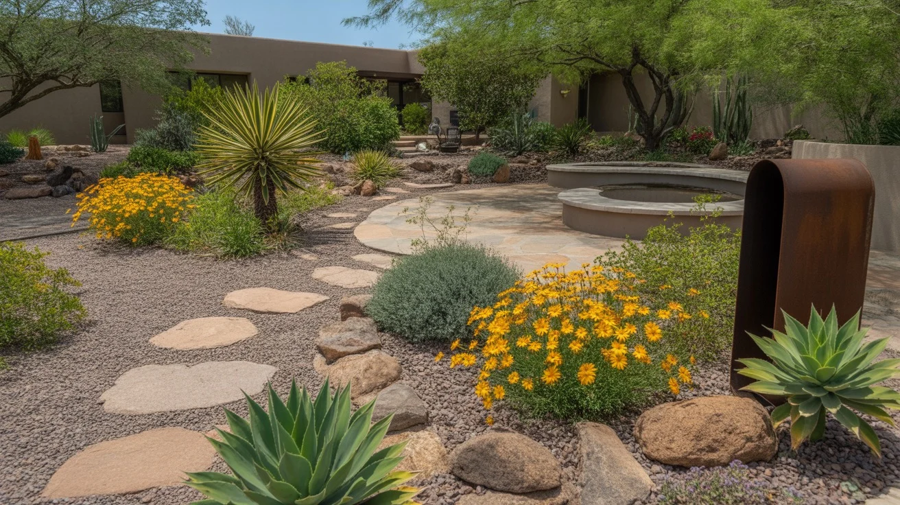 A lush xeriscape garden in Gilbert with native plants, gravel pathways, and a shaded seating area