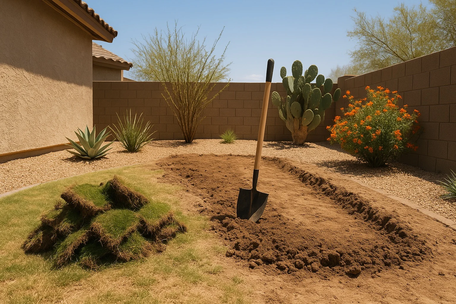 Preparing a Gilbert yard for xeriscaping by removing grass and improving soil