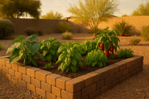 Fresh vegetables growing in a raised bed garden in Gilbert