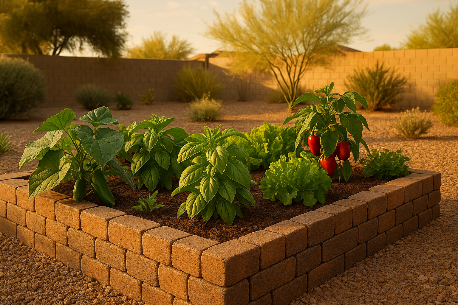 Fresh vegetables growing in a raised bed garden in Gilbert