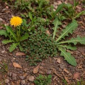 Common lawn weeds like dandelions and spurge growing in a Gilbert, AZ yard