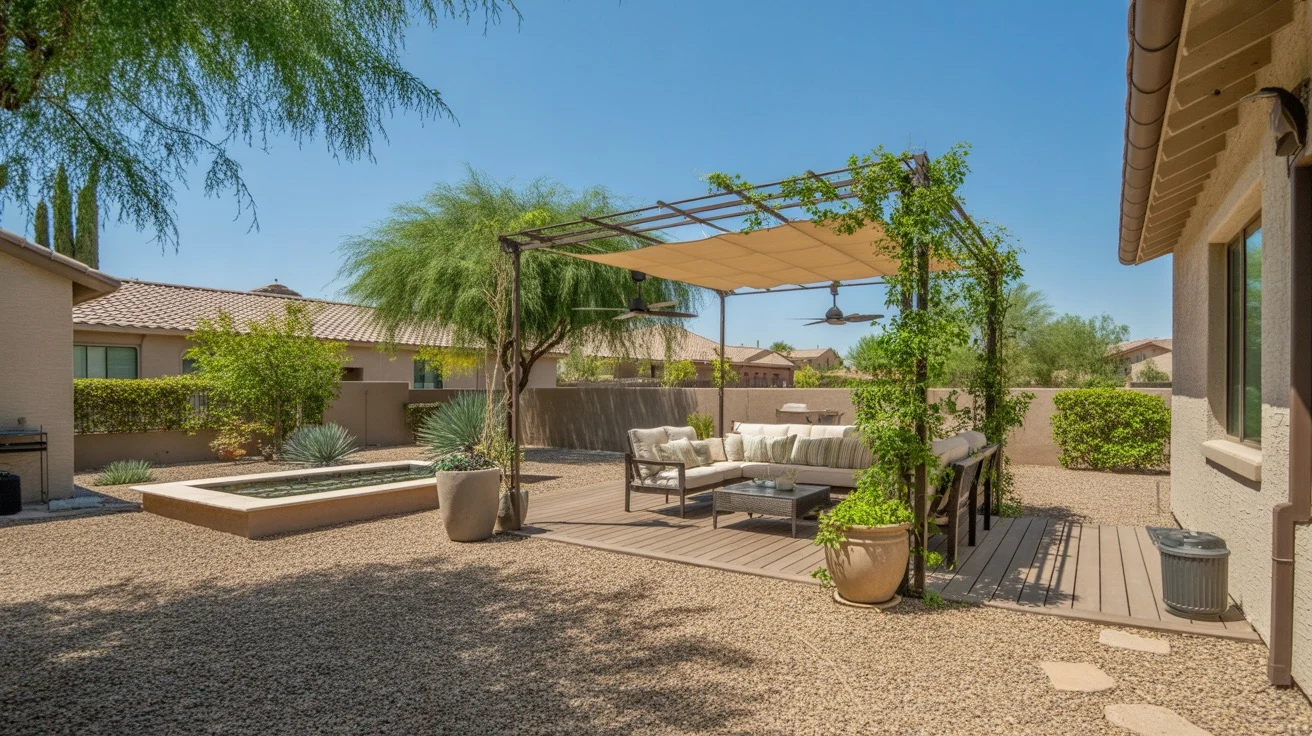 A shaded patio with heat-resistant materials and cooling features in Gilbert, Arizona