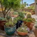 Colorful container plants thriving on a sunny Chandler patio in summer
