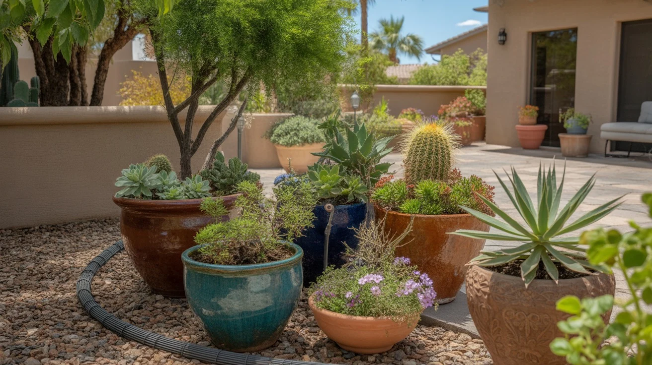 Colorful container plants thriving on a sunny Chandler patio in summer