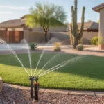 High-efficiency sprinkler heads watering a lush green lawn in a Chandler yard.