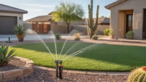 High-efficiency sprinkler heads watering a lush green lawn in a Chandler yard.