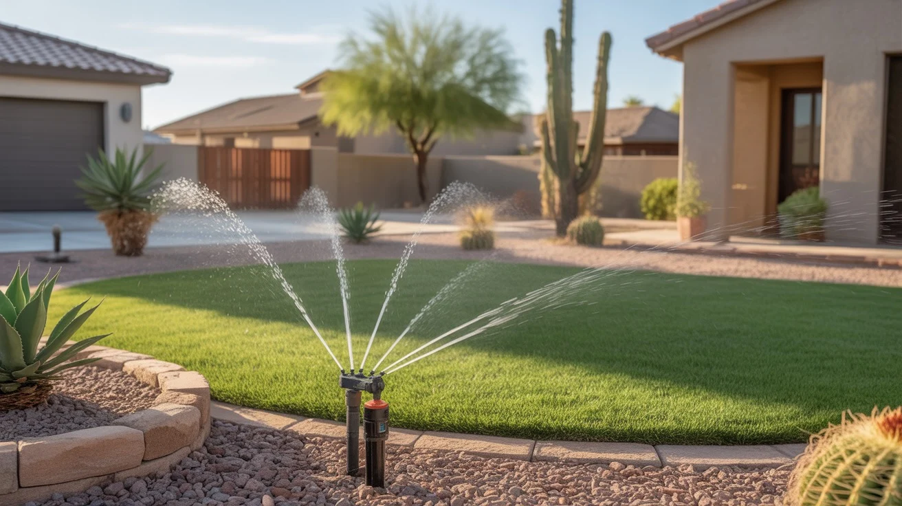 High-efficiency sprinkler heads watering a lush green lawn in a Chandler yard.