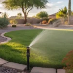 A precision sprinkler head watering a lush, fire-resistant landscape in Mesa, Arizona