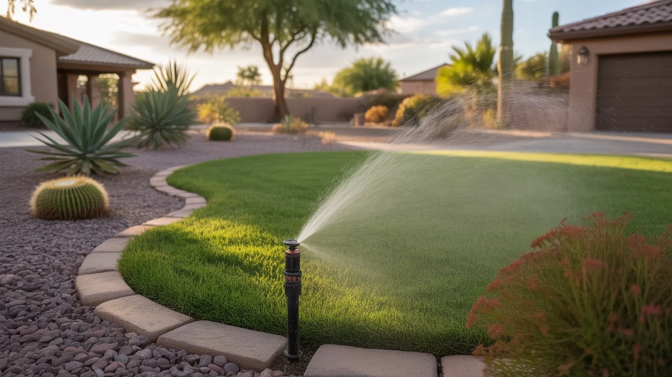 A precision sprinkler head watering a lush, fire-resistant landscape in Mesa, Arizona