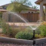 High-efficiency sprinkler head watering a colorful perennial flowerbed in the Southeast Valley.