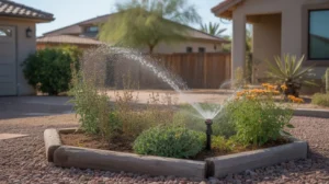 High-efficiency sprinkler head watering a colorful perennial flowerbed in the Southeast Valley.