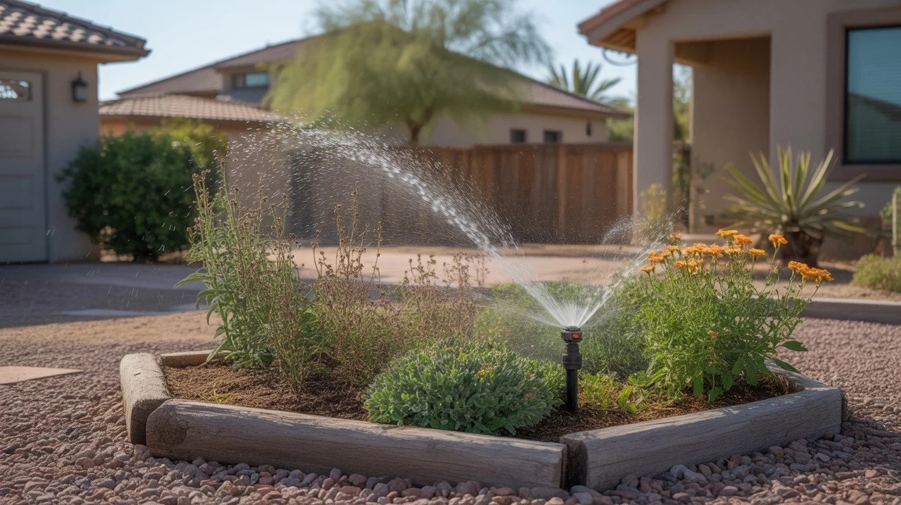 High-efficiency sprinkler head watering a colorful perennial flowerbed in the Southeast Valley.