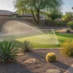High-efficiency sprinklers water a lush Queen Creek yard at sunrise